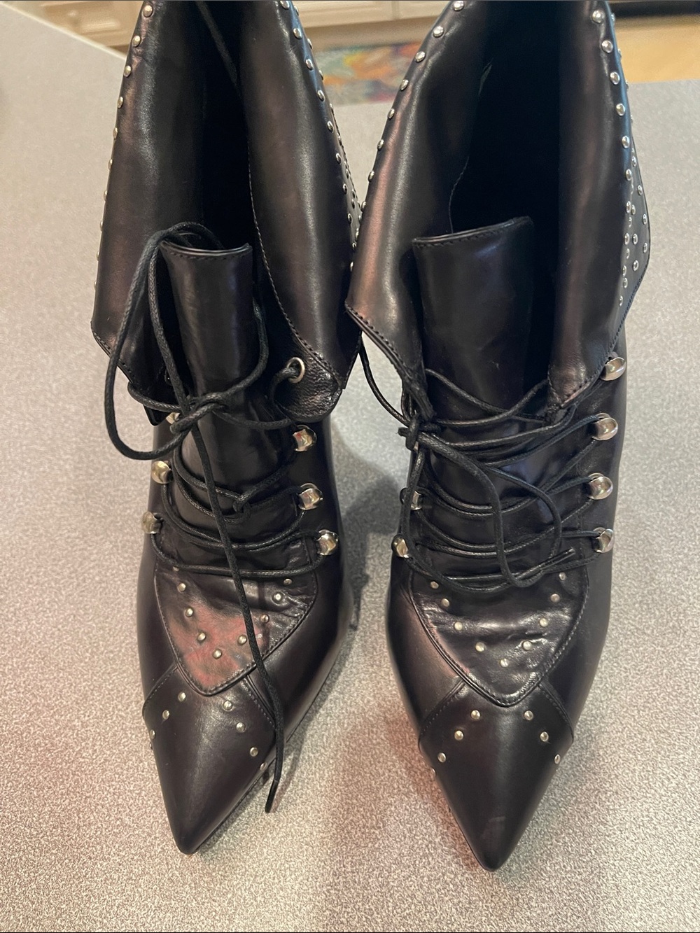 Rodolphe Menudier Black Pointed Lace-Up Studded Leather Ankle Boots